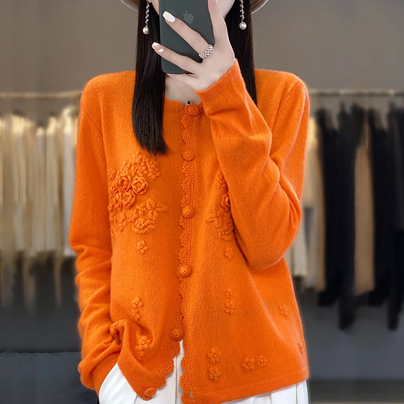 여성용 라운드 넥 100% 순수 캐시미어 가디건, 손 자수 크로 셰 뜨개질, 느슨한 게으른 스웨터, 니트 코트, 가을 및 겨울