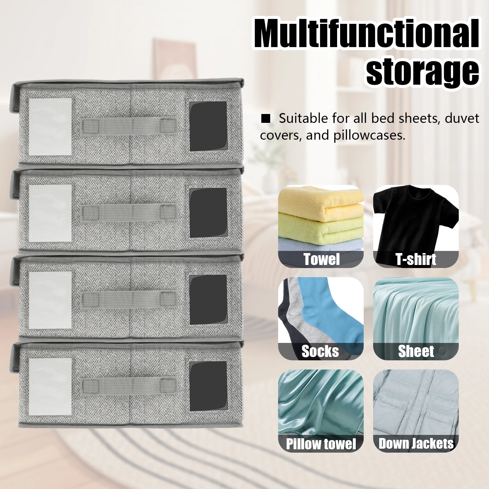 4Pcs Sheet Storage Box Organizer Foldable Window Label Blanket Bed Sheet Organizer Box Wardrobe Bed Clothes Storage Organizer 2
