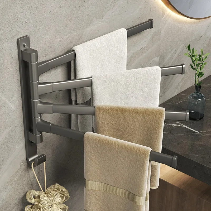 Rotary Towel Holder Gun Grey Punch Free Space Aluminum Toilet Wall Hanging Shelf Multi Bar Bathroom Shelf Towel Bar
