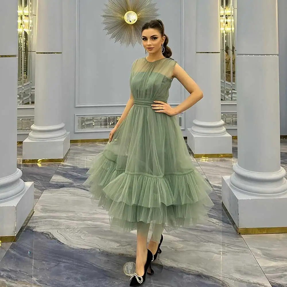 

Short Tulle Homecoming Dress Crew-Neck A-Line Draped Ruffled Saudi Arabian Women's Tea-Length Nectarean Party Prom Gown