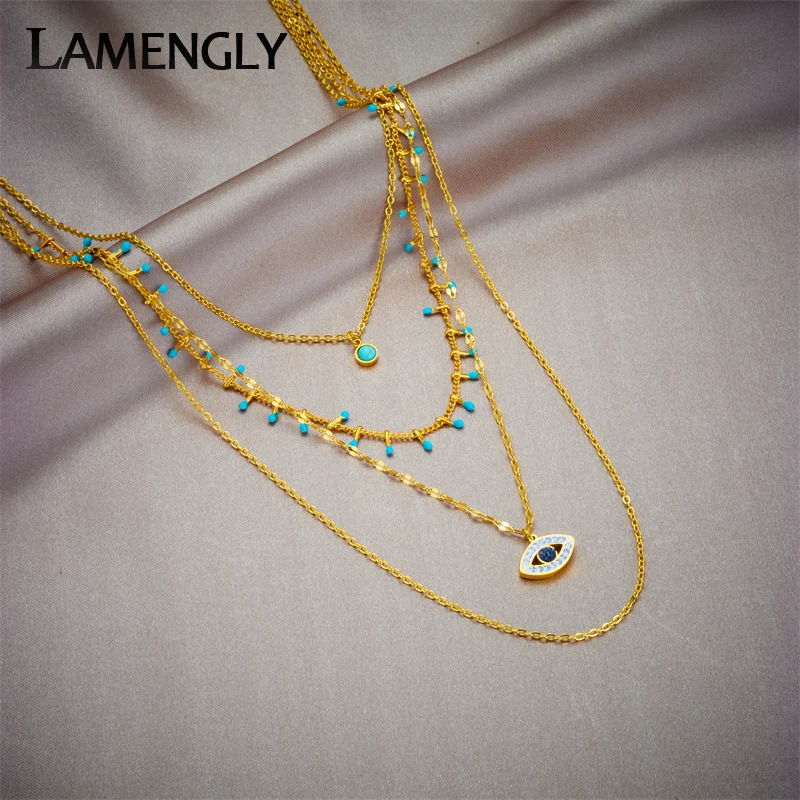 

LAMENGLY 316L Stainless Steel Multi-layer Eye Pendant Necklace For Women Girl New Retro 4in1 Chains Non-fading Jewelry Gifts