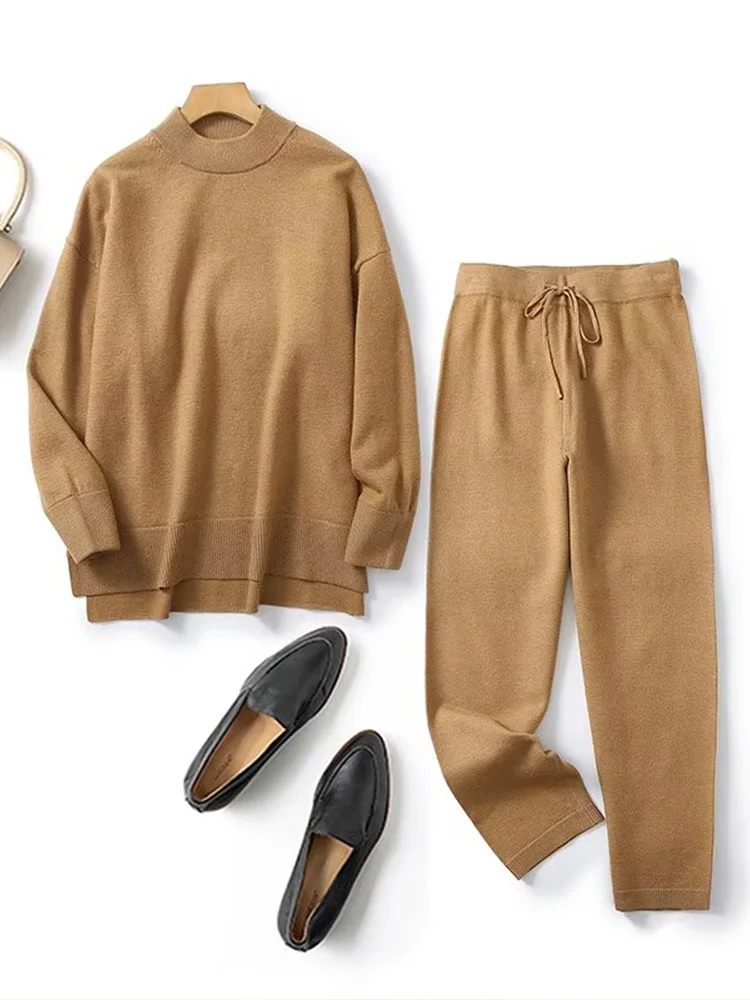 

Women 2024 Spring New Fashion Asymmetric Long Sleeve Knitted Pullover Sweater Chic Round Neck Top Lace Wide Leg Pants suit Mujer