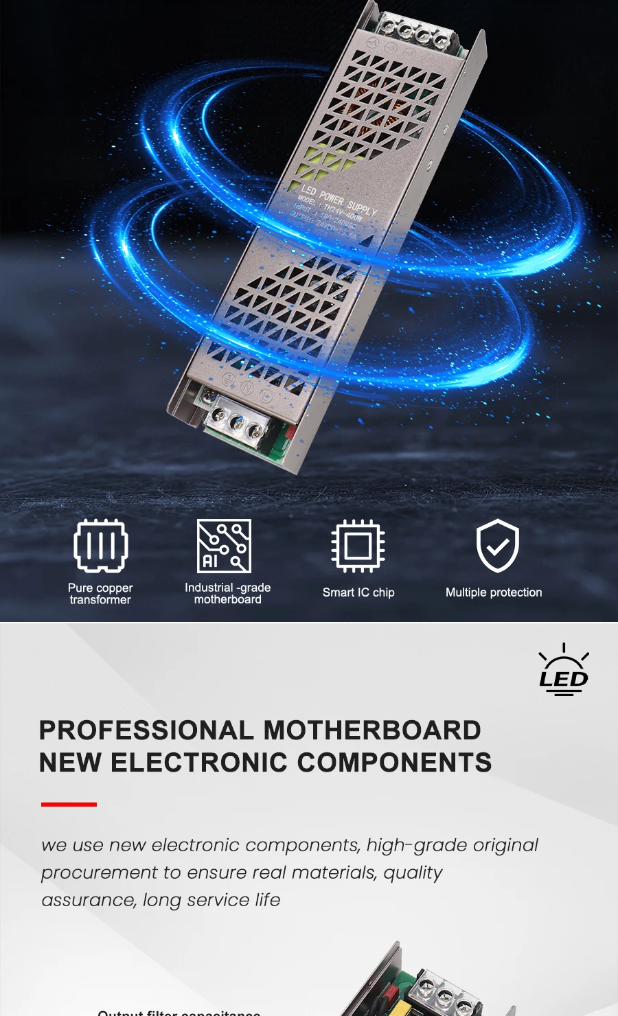 Compact aluminum housing LED transformer power supply detail