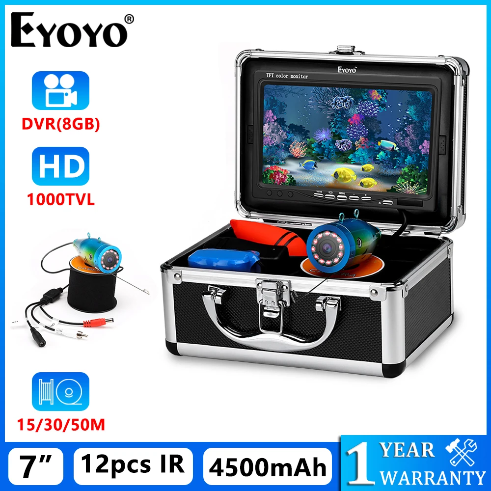 Eyoyo Underwater Fishing Camera 7 Inch Fishing Monitor With DVR Function,  IP68 Waterproof Fish Finder 1000TVL Clear Night Vision