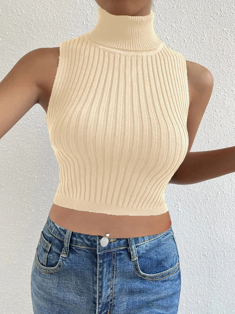 New Summer Women Basics Solid Turtleneck Ribbed Knit