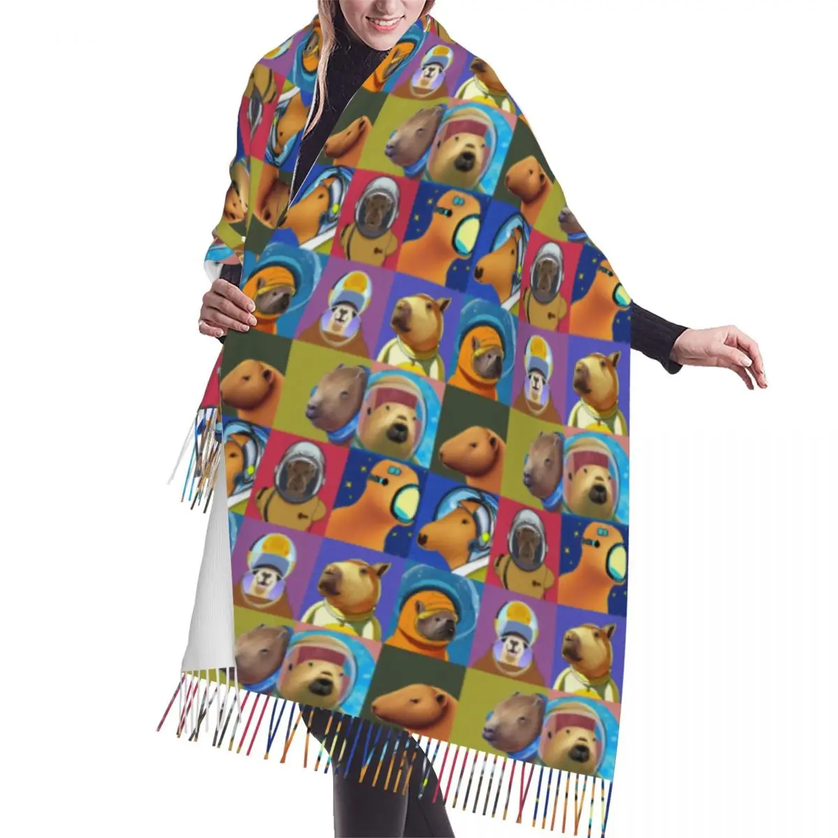 

Female Long Capybara Pattern Collage Scarves Women Winter Fall Thick Warm Tassel Shawl Wraps Fashion Versatile Female Scarf
