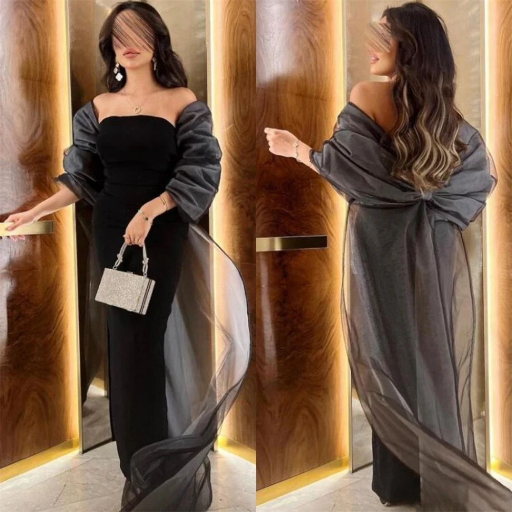 

Prom Dresses Simple Off-the-shoulder Sheath Cocktail Tulle Fold Satin Occasion Evening Gown vestidos de gala فستان سهرة ن