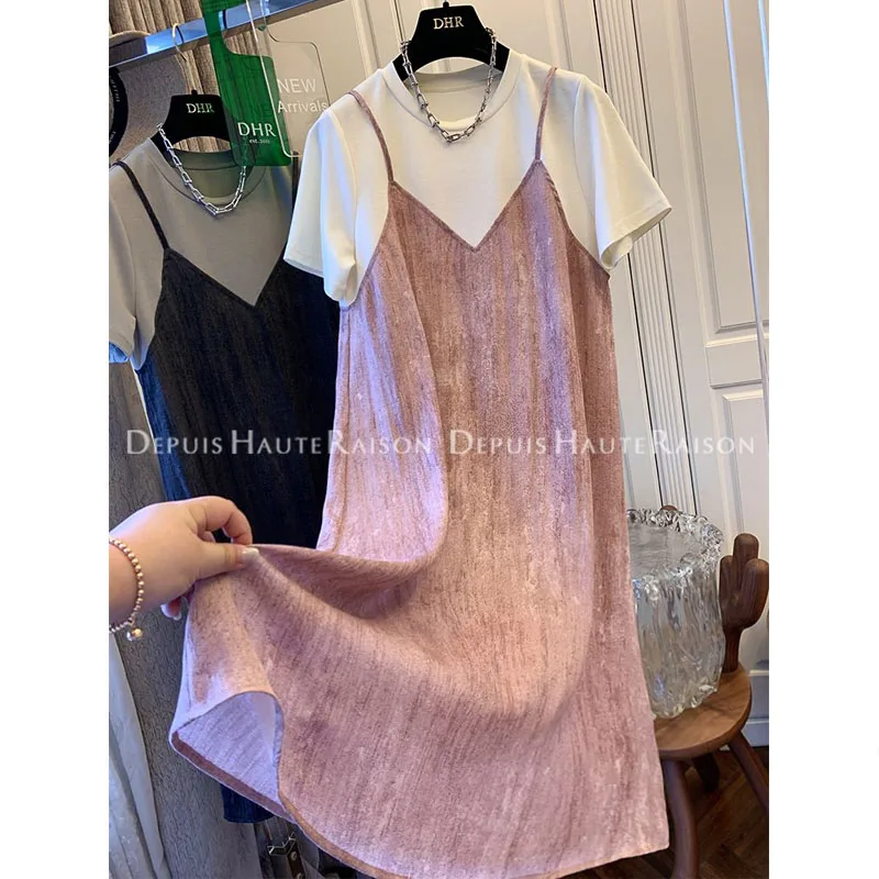 

Large Size French Tender Fake Two Pieces Short Sleeve T-shirt Loose Contrasting Colors Round Neck Comfortable Office Lady Dress