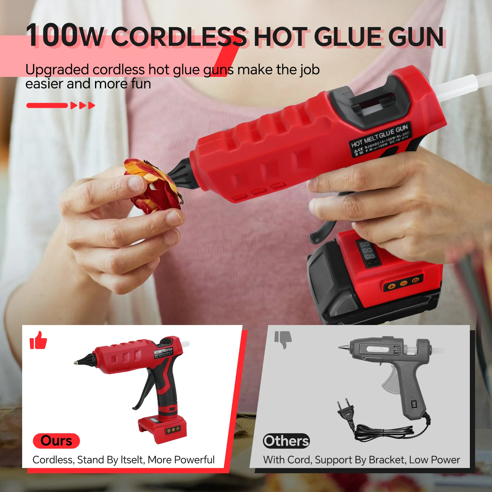 100W Cordless Hot Glue Gun Temp Adjust LCD Digital Display with 10Pcs 11mm Glue