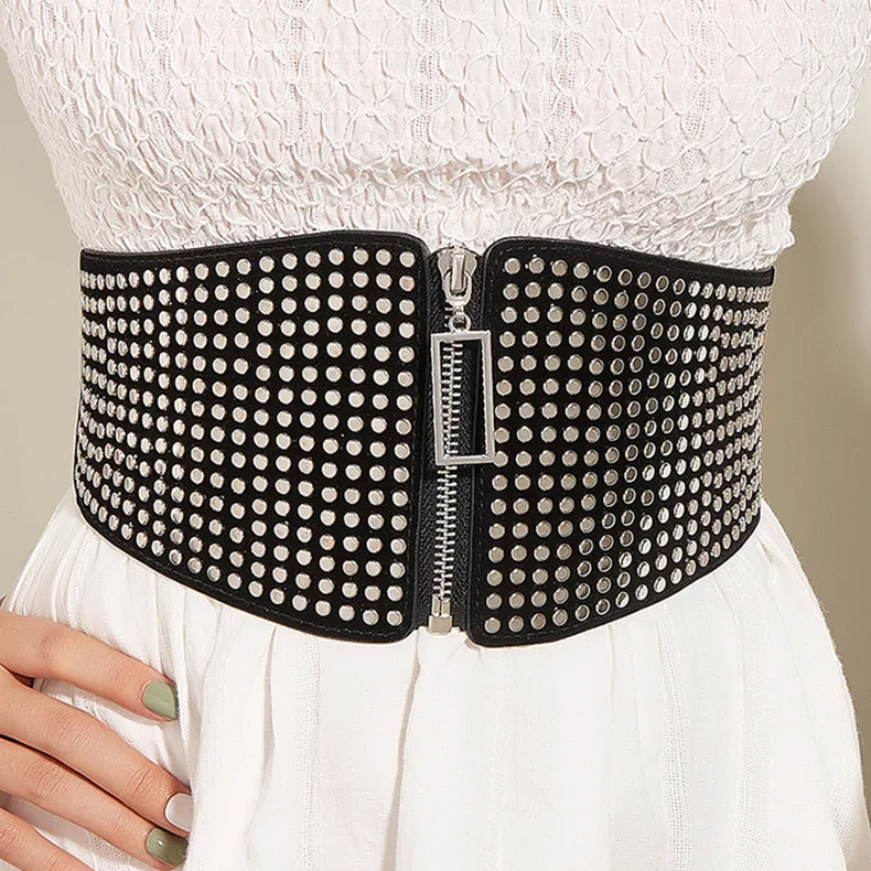 

Retro waist closure women's versatile coat decoration waist tied willow Ding ultra wide belt fashionable black elastic belt for