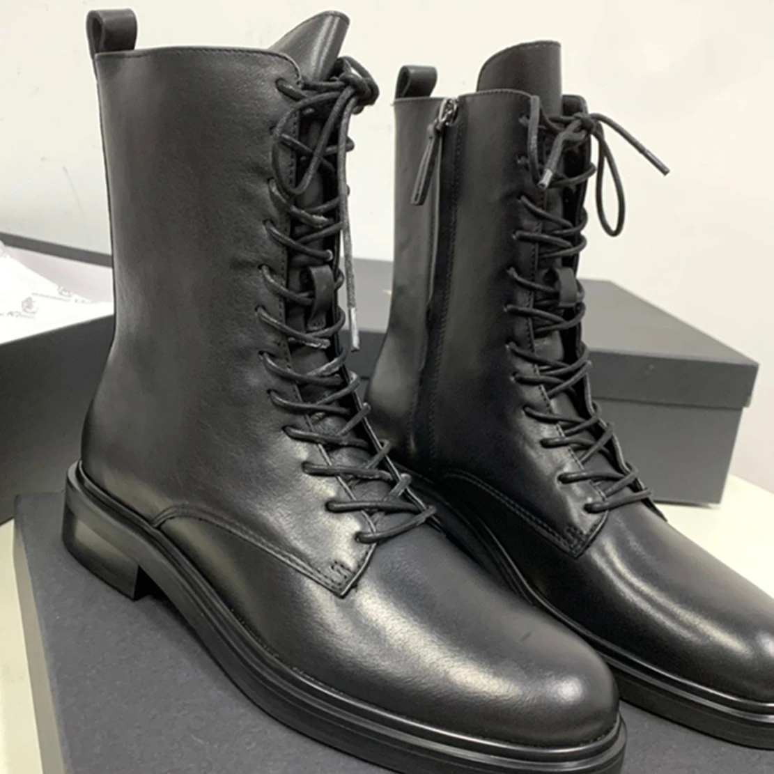 Dave&Di British Fashion Women's Shoes Retro Strap Motorcycle  Cowhide Thick Boots Sole Elevated Boots Women
