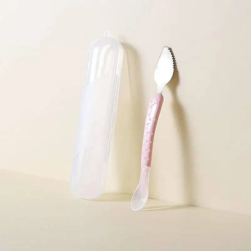 Baby Double Head Silicone Stainless Steel Children Utensil Toddler Infant Food Eating Fruit Scraping Mud Spoon Feeding Tableware baby cutlery