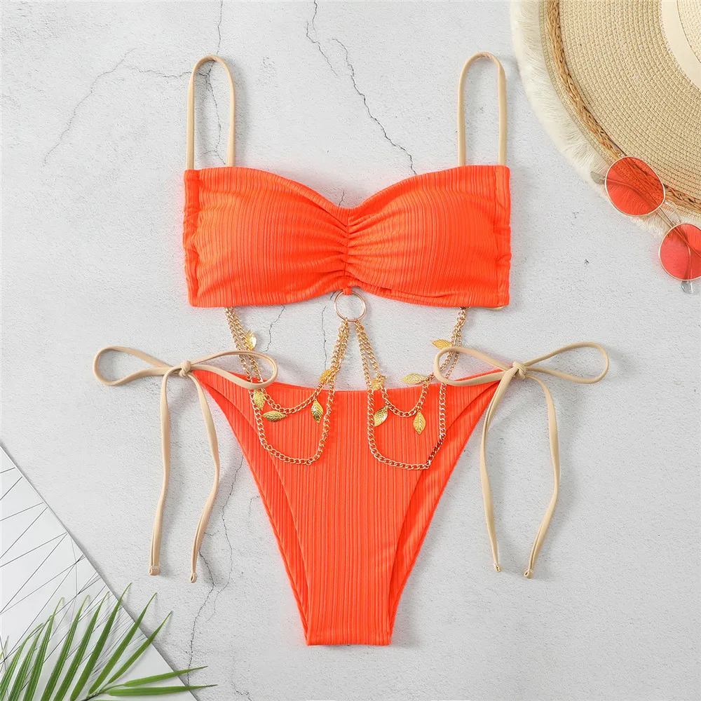 

Sexy Orange Red Metal Chain Swimwear Bandeau Bikinis Set Women Micro Thong Swimsuits String Bathing Suit Bikini Bathers Biquini