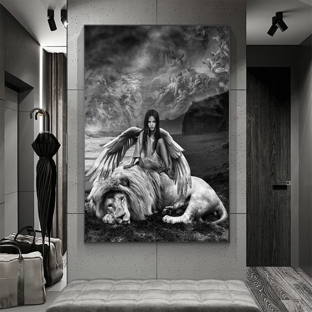 

Lion And a Little Angel Girl Posters Black White Animal Canvas Paintings For Living Room Wall Art Decorative Pictures Home Decor