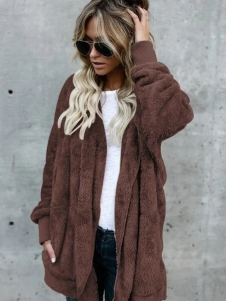 

Women 2023 Autumn Winter Warm Soft Long Fur Jacket Outwear Plush Overcoat Pocket Buttonless Cardigan With Hood Feather Coats