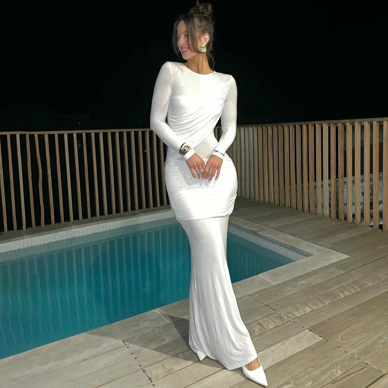 Fashion Mesh Patchwork Maxi Dress Women's Pleated Skinny High Waist Slim See-Through Solid Party Dress Female Long Dress