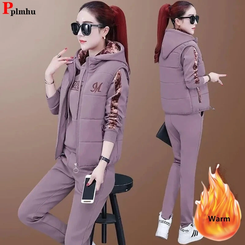 Warm 3 Piece Set Casual Waistcoat Thick Hooded Tracksuit Jogger Harem Pant Suits Fall Winter Women Embroidery New Sweatsuits