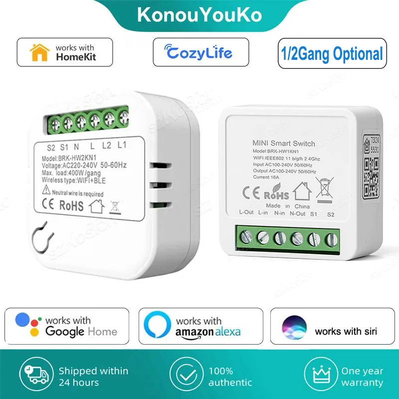 WiFi Mini Smart Switch Works with Homekit Cozylife 2-Way Control Smart Home Automation DIY Breaker Module for Siri Alexa Google