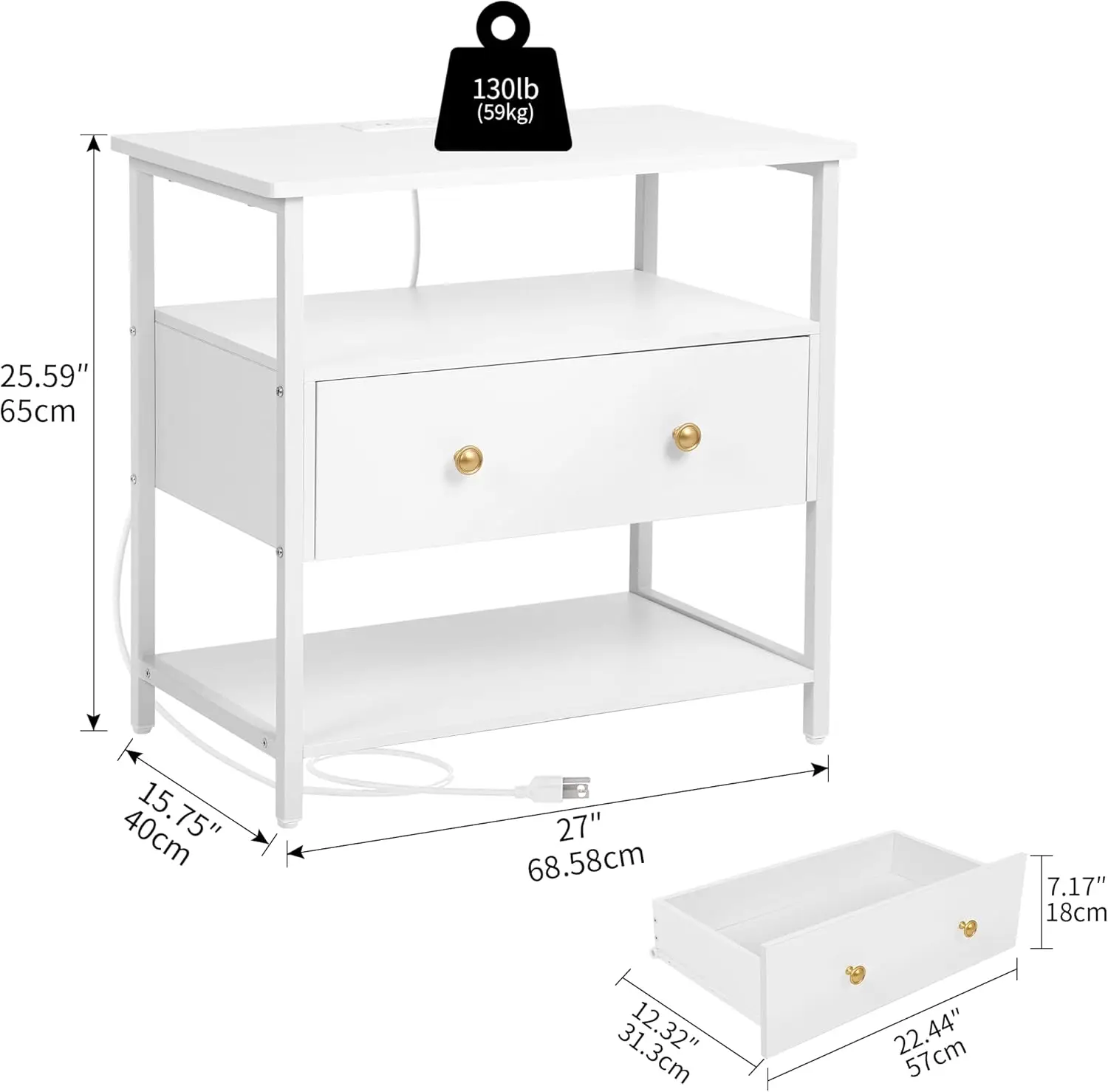 27 inch Nightstand Side Table with 1 Layer of Wooden Drawers，Nightstand with Charging Station,End Table Bedside Table