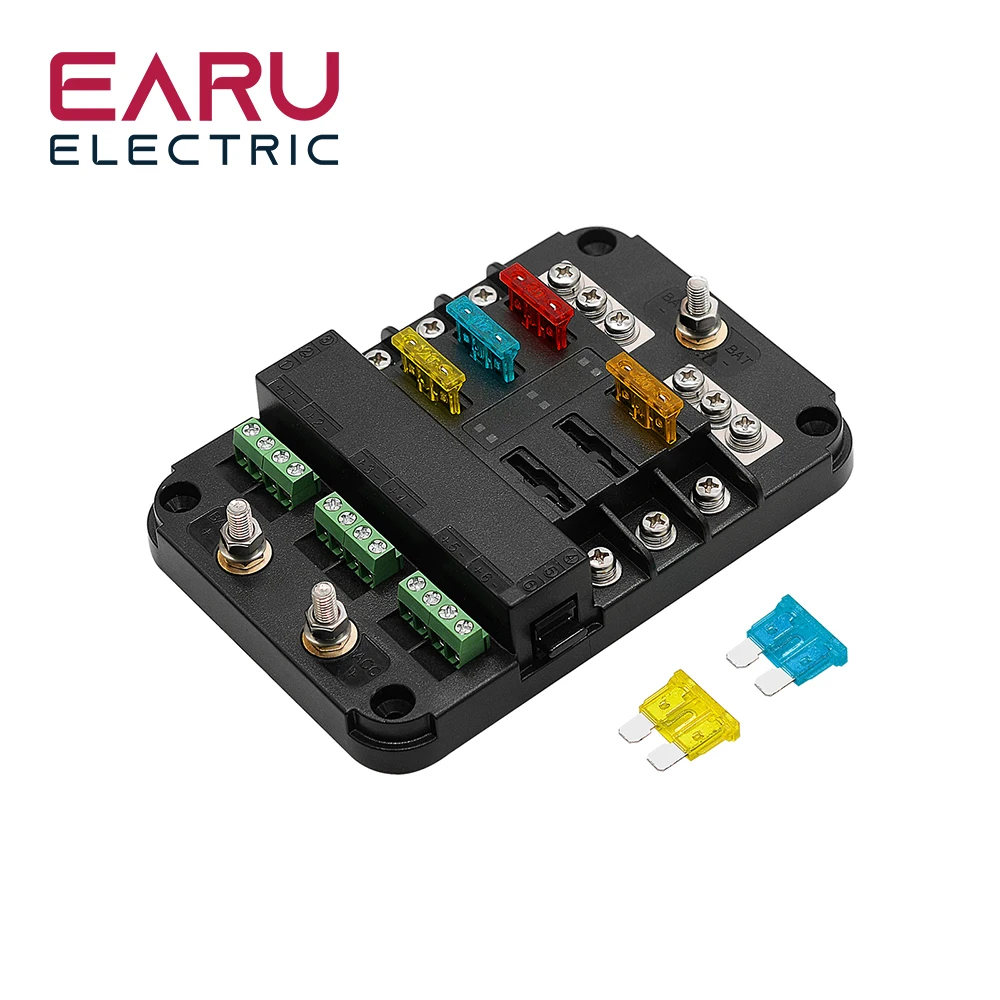EARU 6Ways 12V Fuse Box Universal LED Indicator 20A Car Motorcycle Battery Protection Junction Box Resistant Heat Fuse Holder
