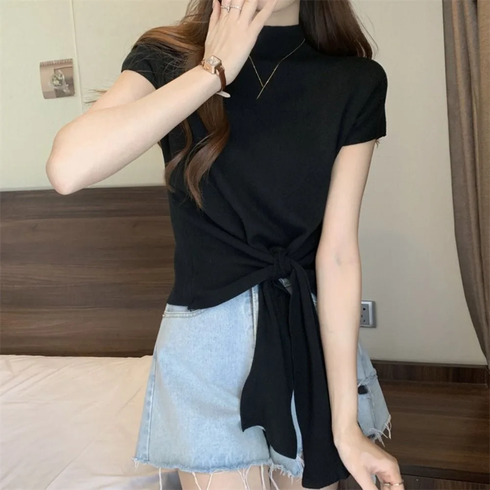 Lace Up Short Sleeve T-shirt Kintwear Chic Y2K Crop Top Women Slim Fit Bottoming Shirt Half High Collar Tees Top Summer