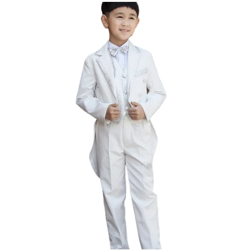 Elegant Fashion Children White Tuxedo Set Costume Birthday Fashion Casual Brand Formal Boy Wedding Suits Blazers 5PCS Set
