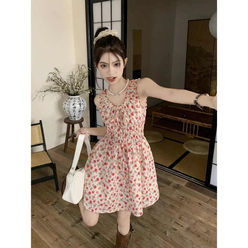 

Women Dresses Summer New French Girl Vintage Floral Halter Dresses Thin High Waist Lace-up Fashion Cute Dresses Female