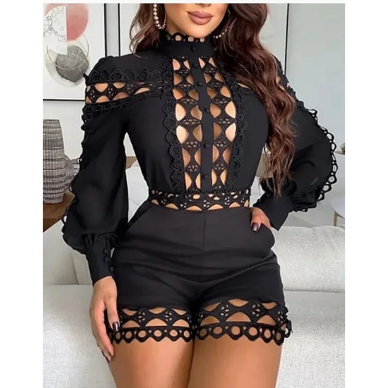 Women's Fashion Skinny Romper Long Sleeve Temperament Commuting Female Clothing Women Sexy Hollow Out Slim Short Jumpsuit