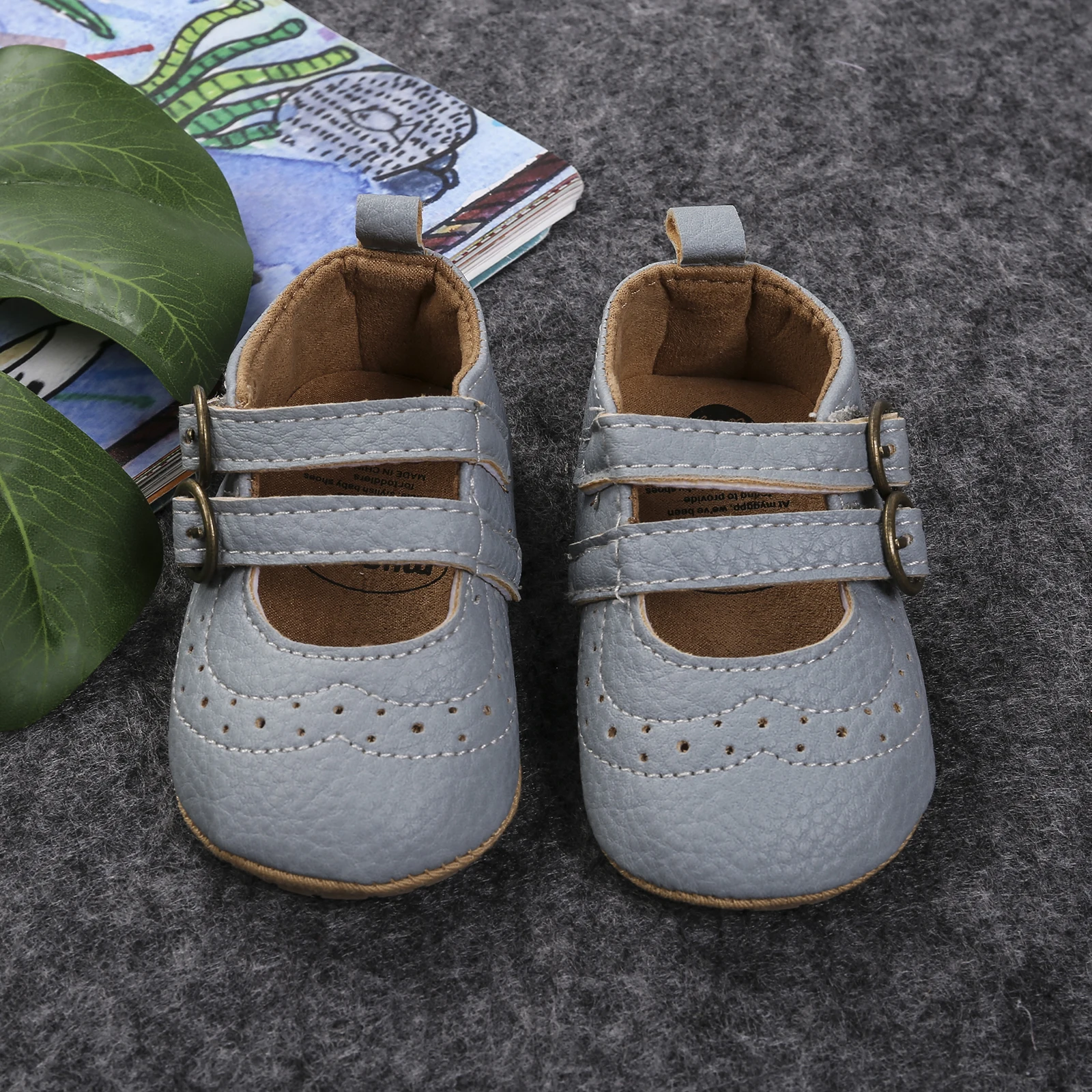 

Baby Girls Boys Non-Slip PU First Walking Shoes, Buckle Strap Soft Sole Solid Infant Slip-on Sock Shoes