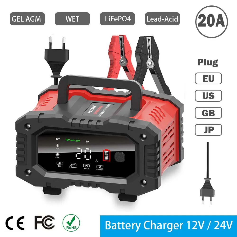 

Battery Charger 12V 24V 20A 10A Car Motor GEL AGM WET LiFePO4 Lead Acid Batteries Repair Deep Cycle EU USA UK JP Plug Charging
