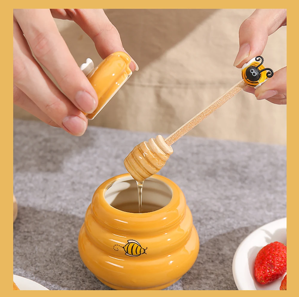 Glass Honey Jar Wood Dipper Ceramic Honey Jar Dipper Honey Jar