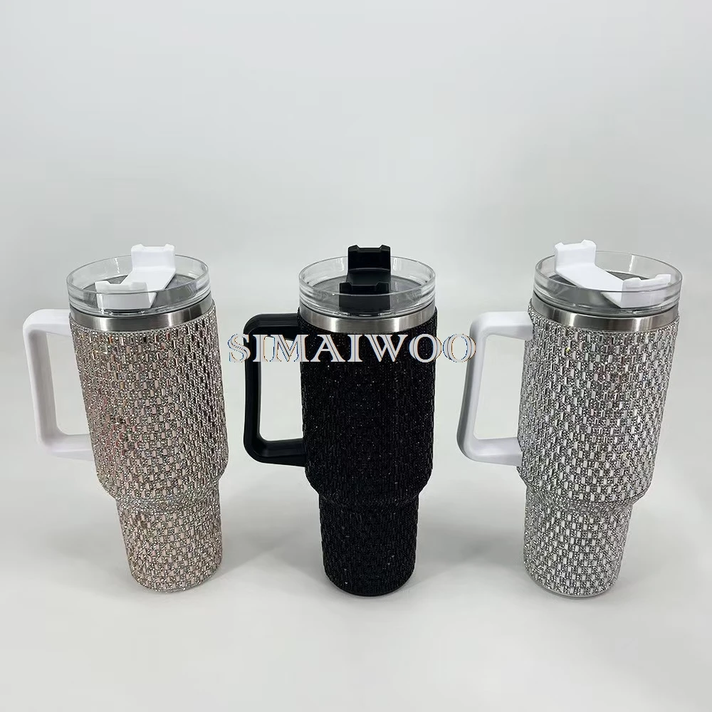 Neue Luxus Spezielle Form Glas Strass Tumbler Funkelnden Diamant Stickerei Vakuum Tasse Edelstahl Griff Wasser Flasche – Detail 4