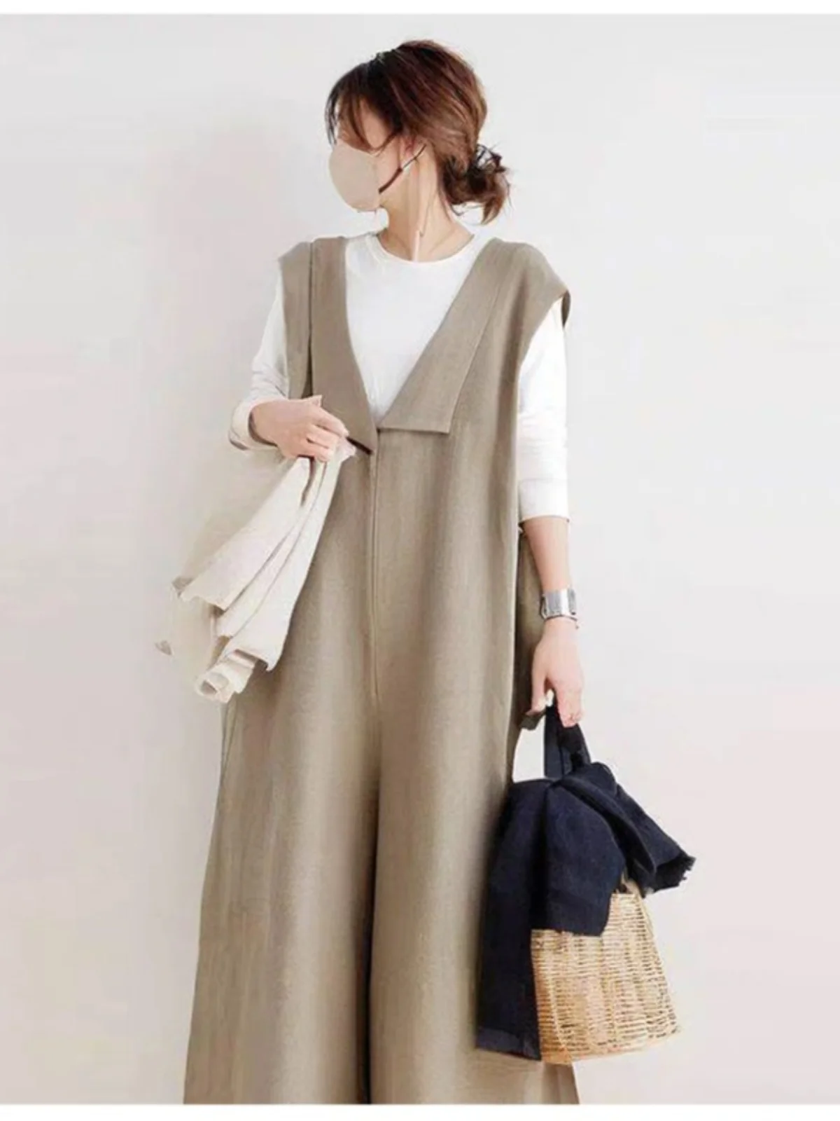 Loose Casual Cotton Lin Rer with Collar Svel Wide Leg Pants High Waist Nine Points High Street Sle Spring Summer New