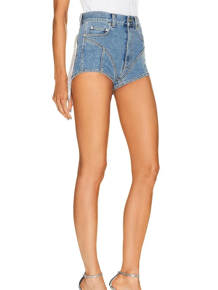 Drill Chain Stitching Washed Denim Shorts