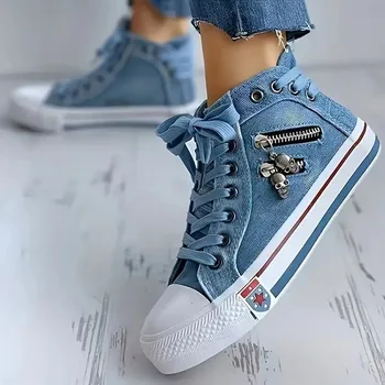 Women's Shoes Fashion Denim Casual Shoes Skull Metal Decoration Womens Flat Sneakers Vintage High Top Women Vulcanized Shoes 운동화 1