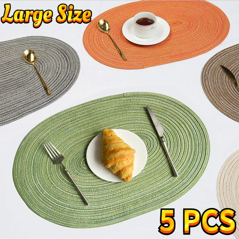 

5pcs Round Braided Placemats Table Mats for Dining Tables Woven Washable Non-Slip Place Mat Line Design Party Desktop Decoration