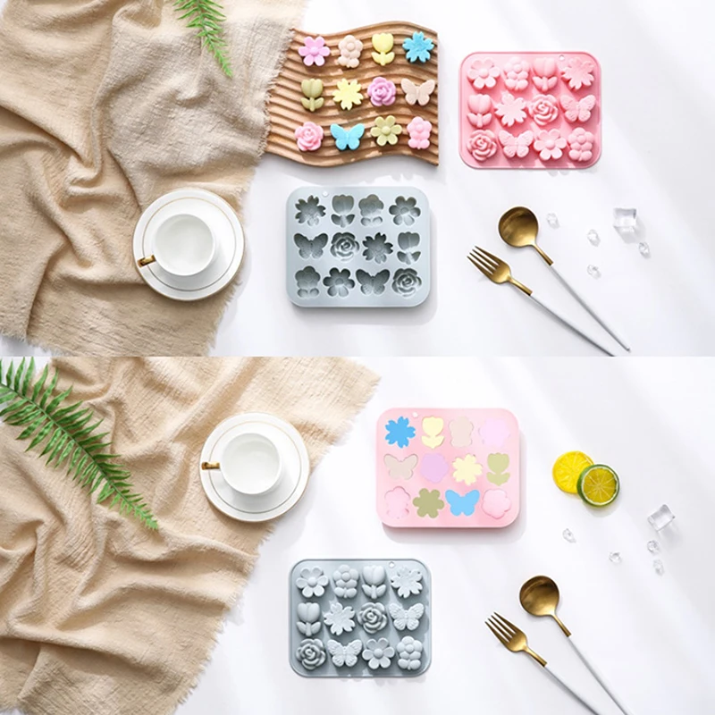 실리콘 몰드 초콜릿 캔디 케이크 젤리 몰드 퐁당 베이킹 몰드 식품 DIY 도구, 12 그리드 3D 꽃 나비 모양