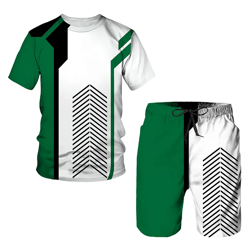 2023 New Men's Summer Youth Sports Slim Printed T-Shirt Suit 3D Casual Crewneck Short Sleeve Top + Shorts Suit