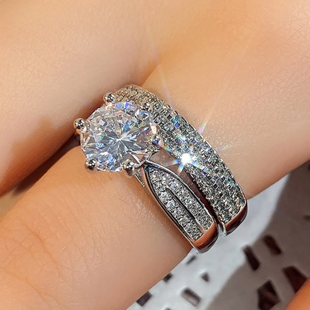 Elegant Accessories Zircon Wedding Ring Set 2 Piece Set silvery Natural Diamond Ring Sparkling Couple's Diamond Ring Girl