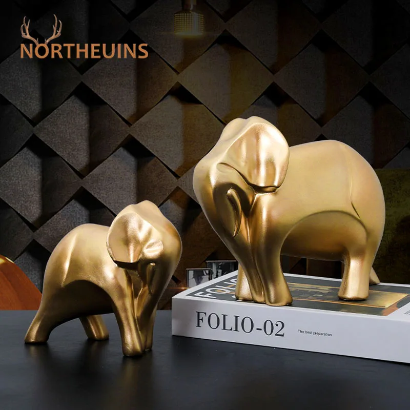 

NORTHEUINS Resin European Luxury Golden Elephant Figurines for Interior Abstract Art Animal Couple Statues Inteiror Decorations