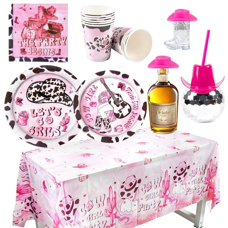 

Cowgirl Birthday Party Disposable Tableware Disco Pink Cowgirl Party Supplies Bridal Shower Girls Party Paper Plate Cups Napkin