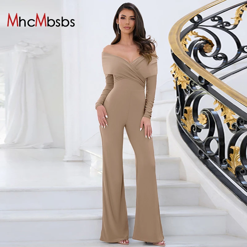 

Женский комбинезон с открытыми плечами, длинным рукавом и вырезом лодочкой, эластичные расклешенные брюки, цельный комбинезон, одежда для весны и осени, 2024