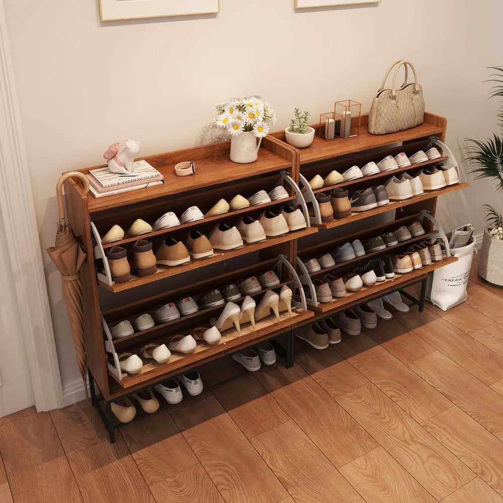 Shoe Cabinet, Cabinet Freestanding Tipping Bucket Rack Organizer with 2 Flip Drawers, Modern Entryway Narrow Shoe