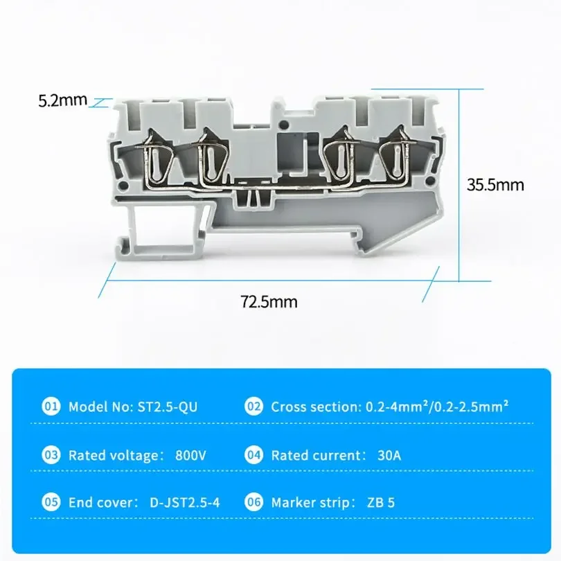 Din Rail Terminal Block ST-2.5-QUATTRO Wire Connectors Return Pull Type 4 Conductors Spring Wiring Terminal Blocks 10Pcs