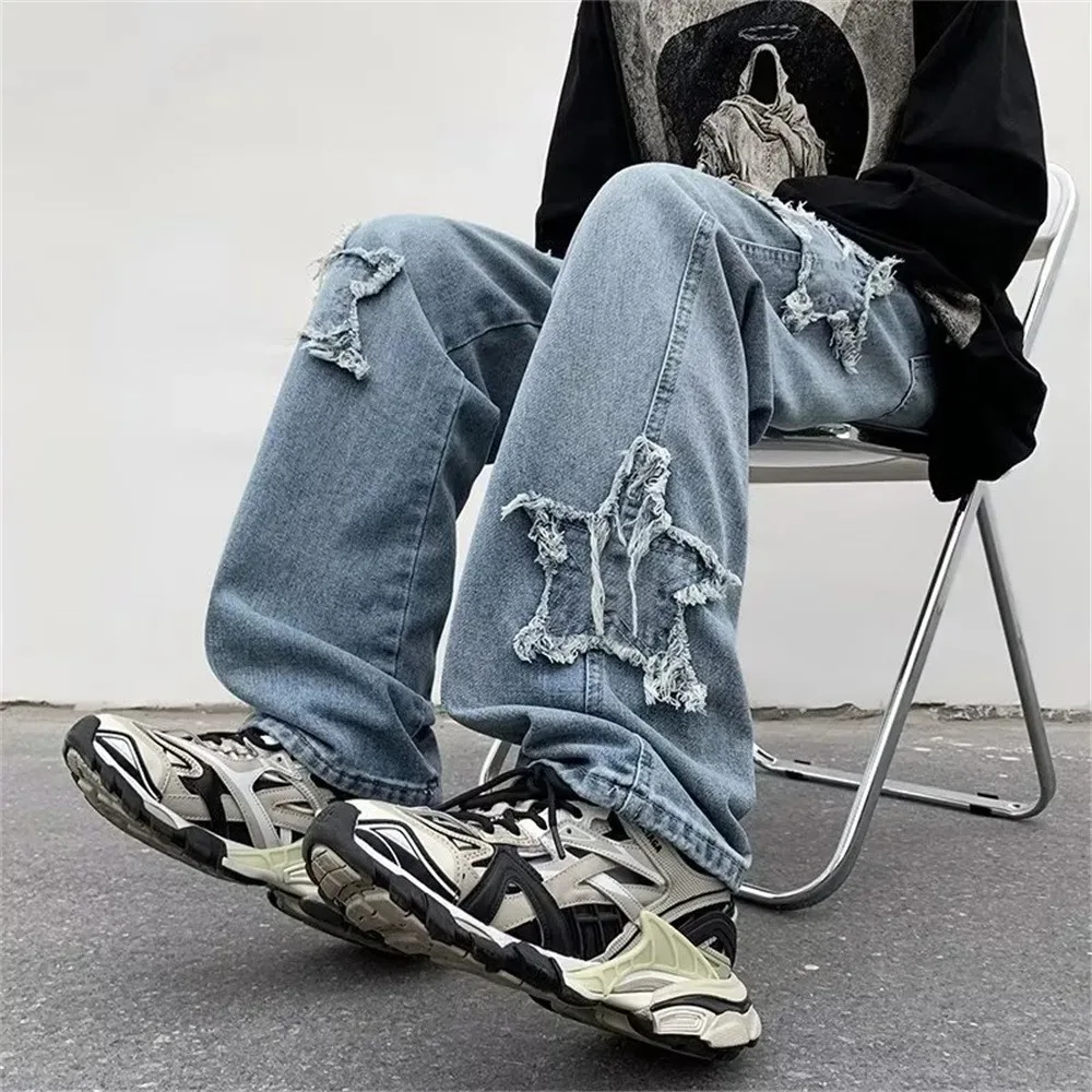 2024 New Fashion Stars Towel Embroidery Baggy Men Jeans Pants Clothes Straight Hip Hop Cotton Trousers Pantalon Homme Streetwear