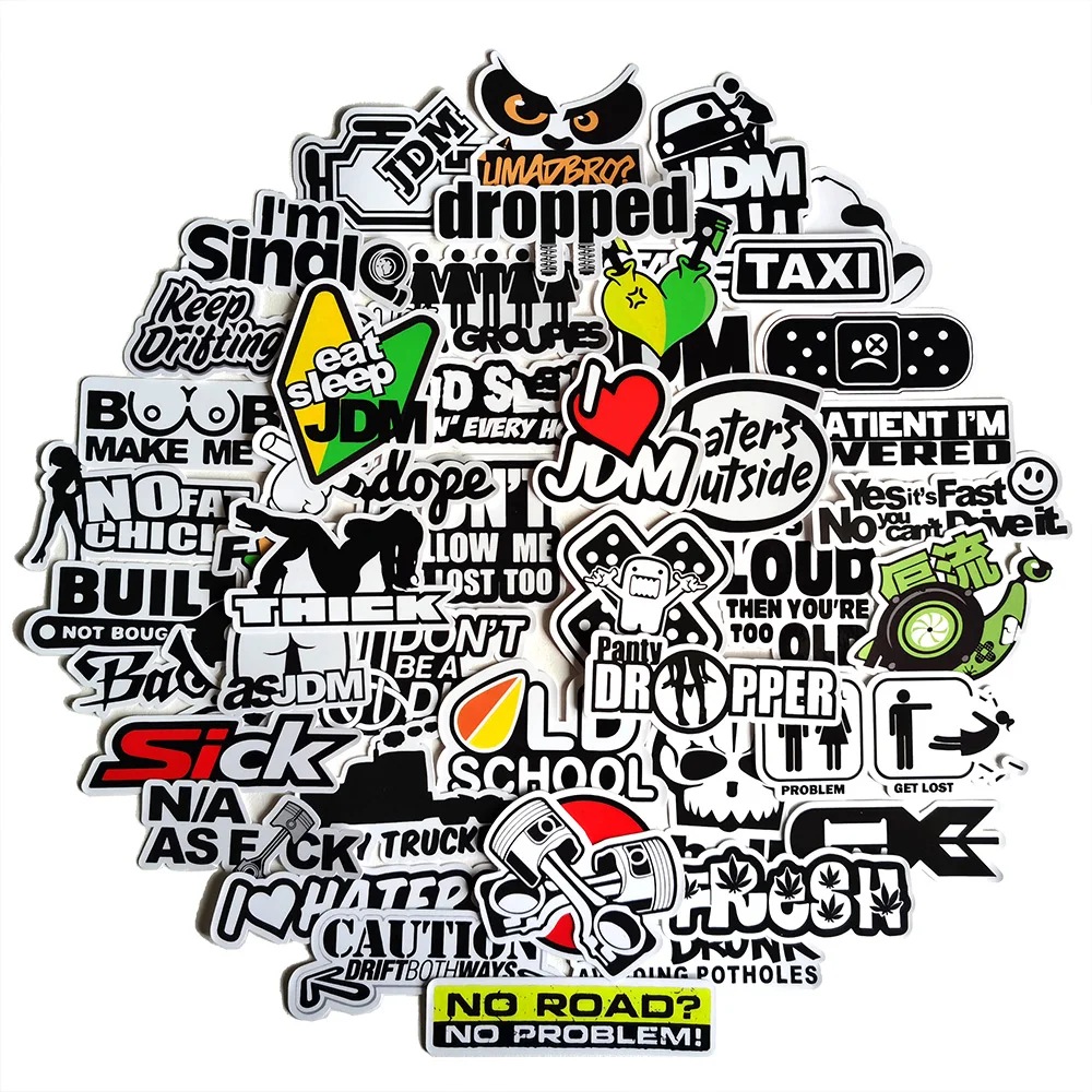 50pcs Funny JDM Styling Stickers Skateboard Luggage Bumper Bike Car Motorcycle Scooter Cool Decals Sticker Bomb Toy Waterproof 2