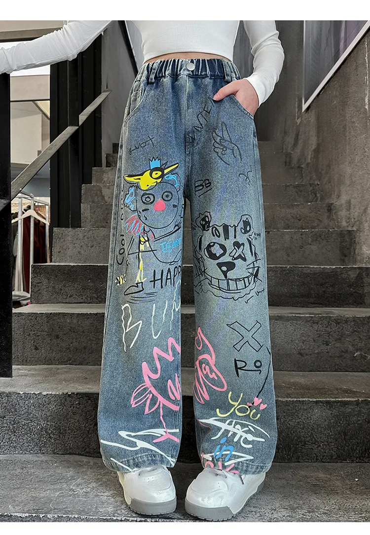 تصميم جديد للأطفال مطبوعة الهيب هوب الجينز للفتيات موضة عالية الشارع الشهير الدنيم السراويل الاطفال العصرية الكرتون الجينز السراويل 4-14T