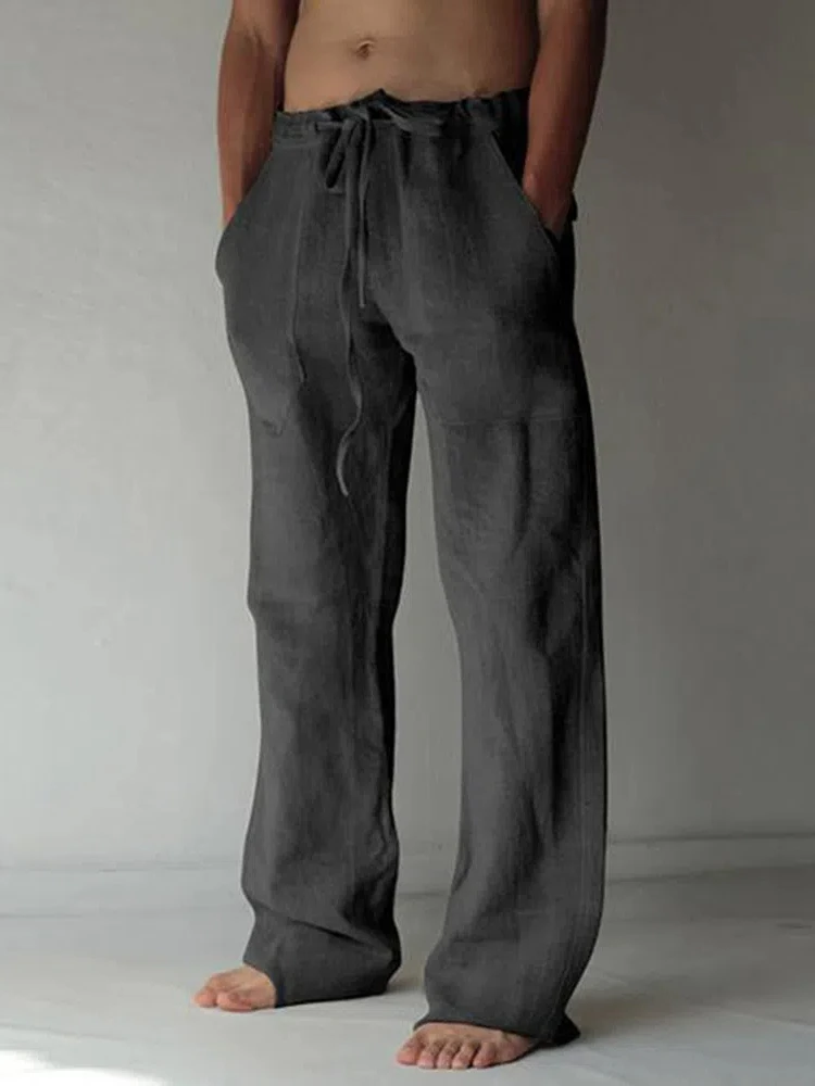 Men's Linen Pants Solid Color Casual Pants Fashion Straight-Leg Trousers Baggy Pants