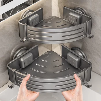 ชั้นวางของในห้องอาบน้ำรูปสามเหลี่ยมพร้อมตะขอ ติดตั้งด้วยถ้วยดูด ไม่ต้องเจาะผนัง ชั้นวางของในห้องน้ำอะลูมิเนียมสำหรับวางแชมพู สบู่ และของใช้ในครัว 1