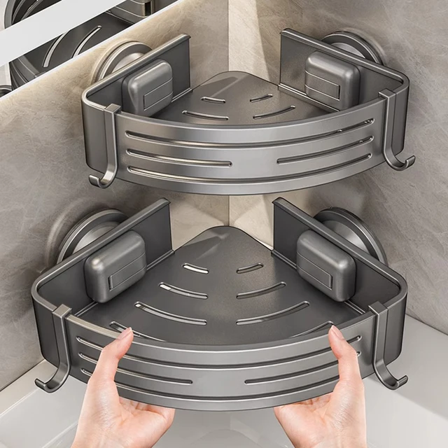 ชั้นวางของในห้องอาบน้ำรูปสามเหลี่ยมพร้อมตะขอ ติดตั้งด้วยถ้วยดูด ไม่ต้องเจาะผนัง ชั้นวางของในห้องน้ำอะลูมิเนียมสำหรับวางแชมพู สบู่ และของใช้ในครัว 1